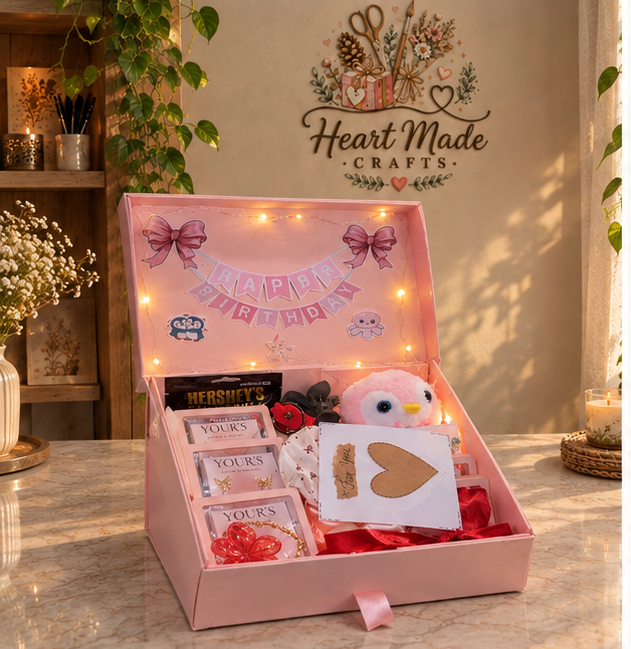Premium customized blush-pink birthday gift box with warm fairy lights, gold-tone jewelry, chocolates, plushie, decorative flower and personalized handmade details, photographed from a front three-quarter angle.