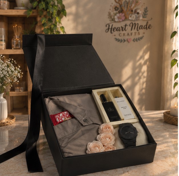 Premium black gift box for him featuring a neutral-toned shirt, black wristwatch, fragrances, chocolate and cream roses, photographed from a front three-quarter angle.
