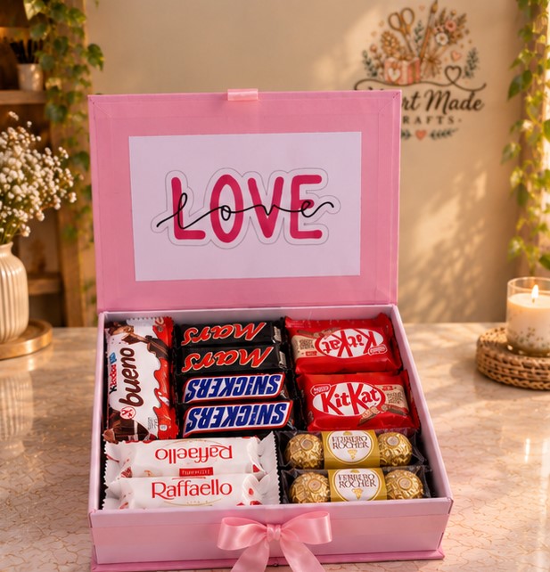 Open pastel-pink customized birthday gift box featuring a 'LOVE' message inside the lid and neatly arranged Kinder Bueno, Mars, Snickers, KitKat, Raffaello and Ferrero Rocher chocolates.